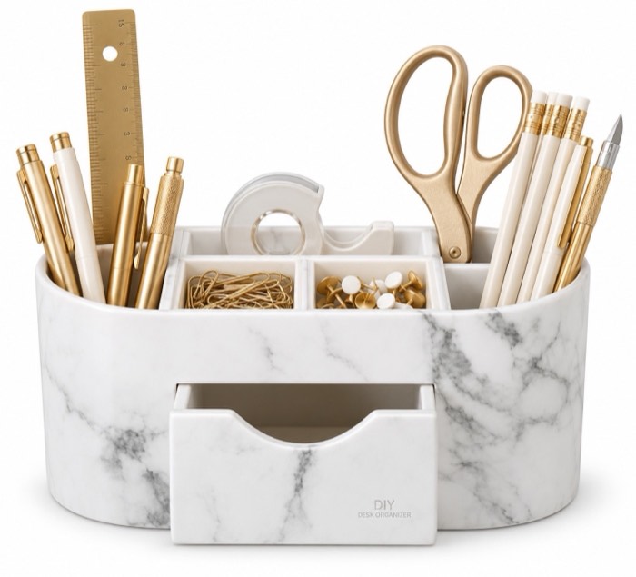 Marble desk organiser holding pens and stationery