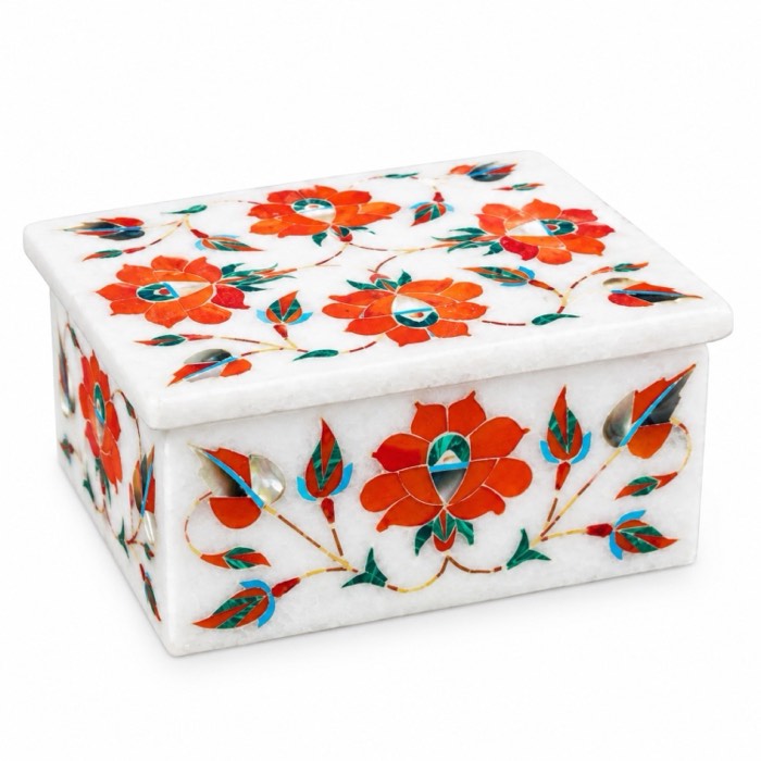 White marble keepsake box with floral stone inlay