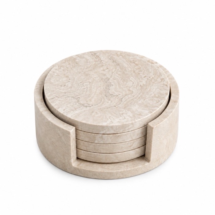 Stacked round stone coasters in a matching holder