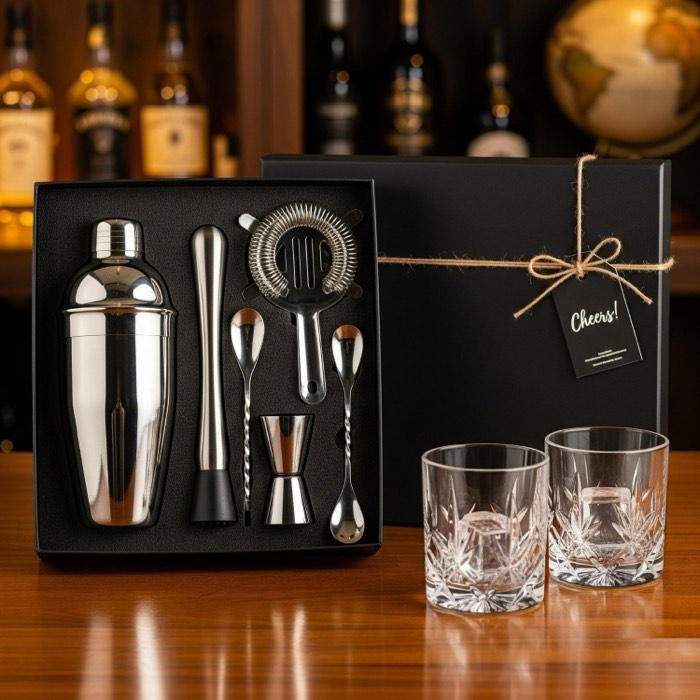 Cocktail shaker and bar tool set in a black presentation box with glasses