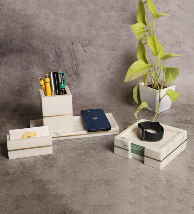 Marble desk accessories on a workspace