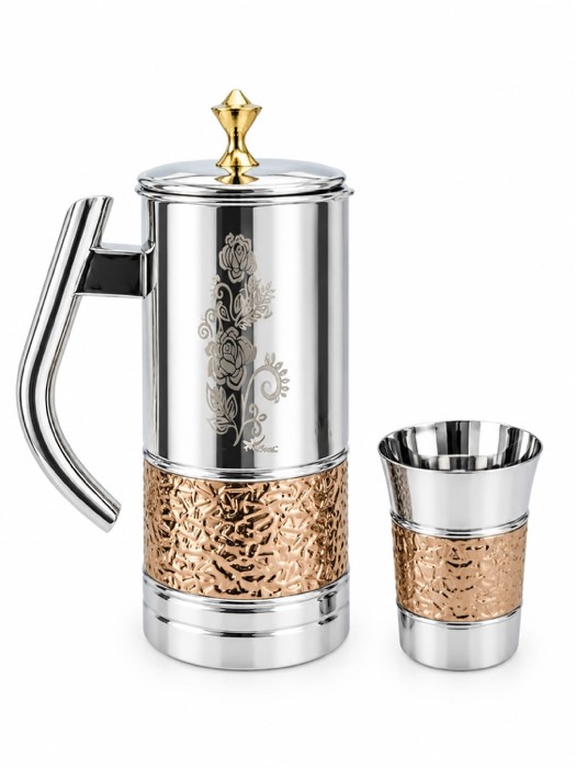 Engraved metal jug with copper band and matching tumbler