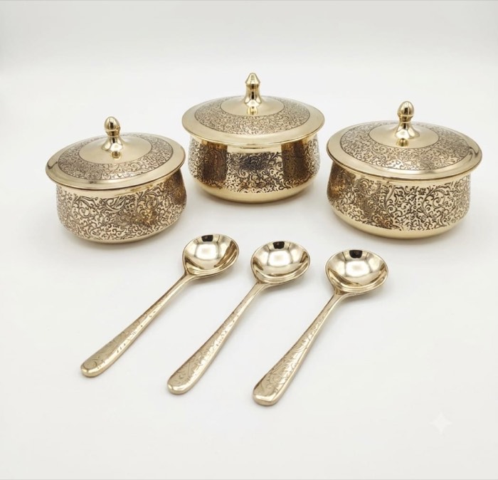 Engraved brass lidded bowls with spoons