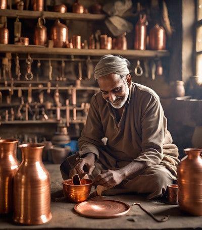 Artisan seated among copper vessels in a traditional workshop