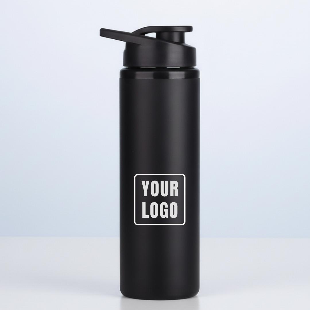 Matte black insulated bottle showing a placeholder brand logo